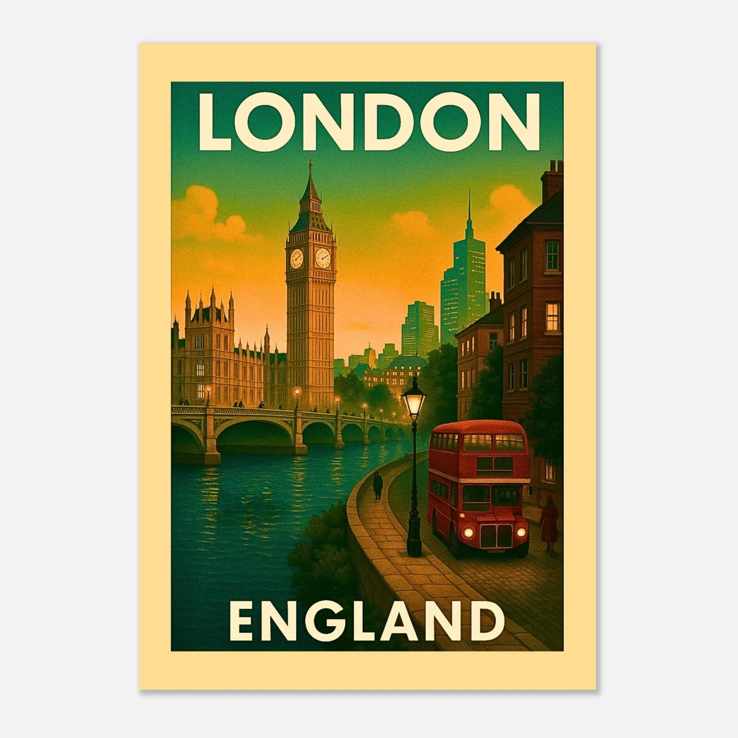 Vintage London Poster – Kunstdruck mit Big Ben und roten Bussen, detailreiche Wandkunst im Retro-Stil