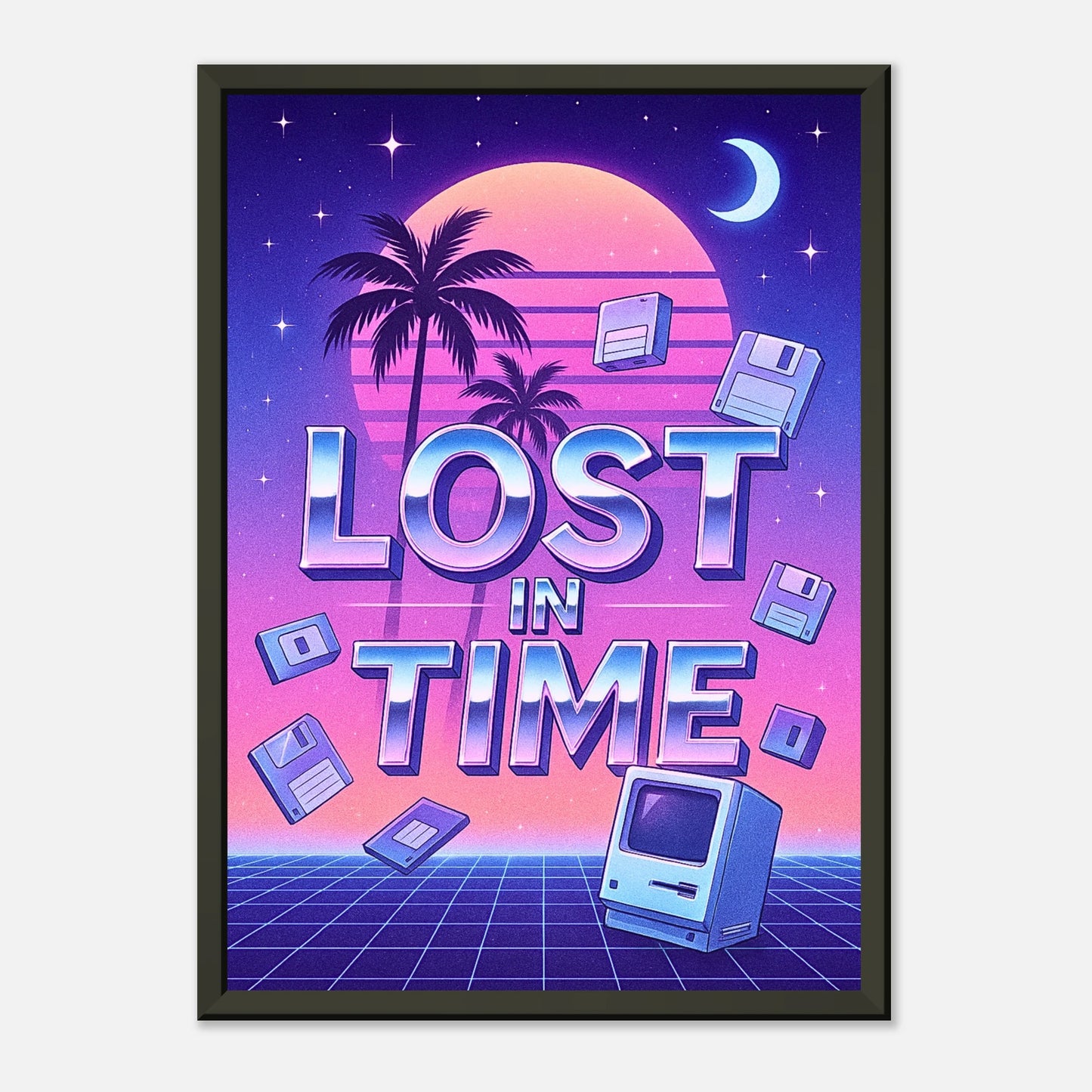 80s retro future wall art Lost in Time in black metal frame featuring neon palm trees, vintage computer and synthwave vibes