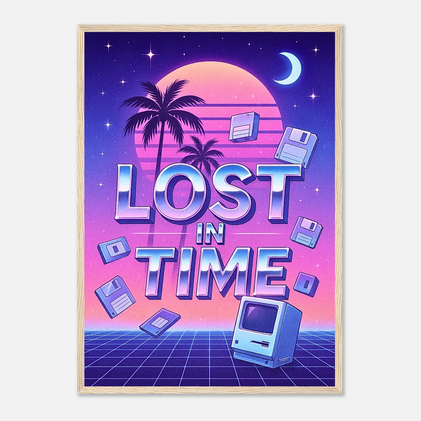 Lost in Time Poster im hellbraunen Rahmen – farbenstarkes 80s Retro Poster mit Palmen, Neonfarben und Pixelgrafik. Nostalgisches Wandbild im Vaporwave-Stil von Defa Designs.