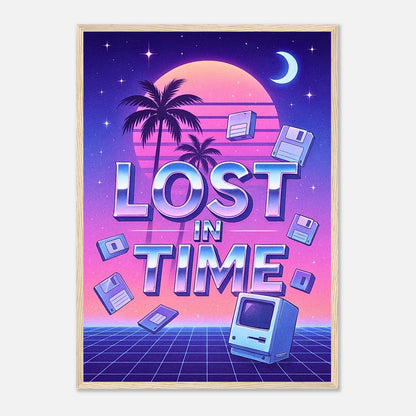 Lost in Time Poster im hellbraunen Rahmen – farbenstarkes 80s Retro Poster mit Palmen, Neonfarben und Pixelgrafik. Nostalgisches Wandbild im Vaporwave-Stil von Defa Designs.