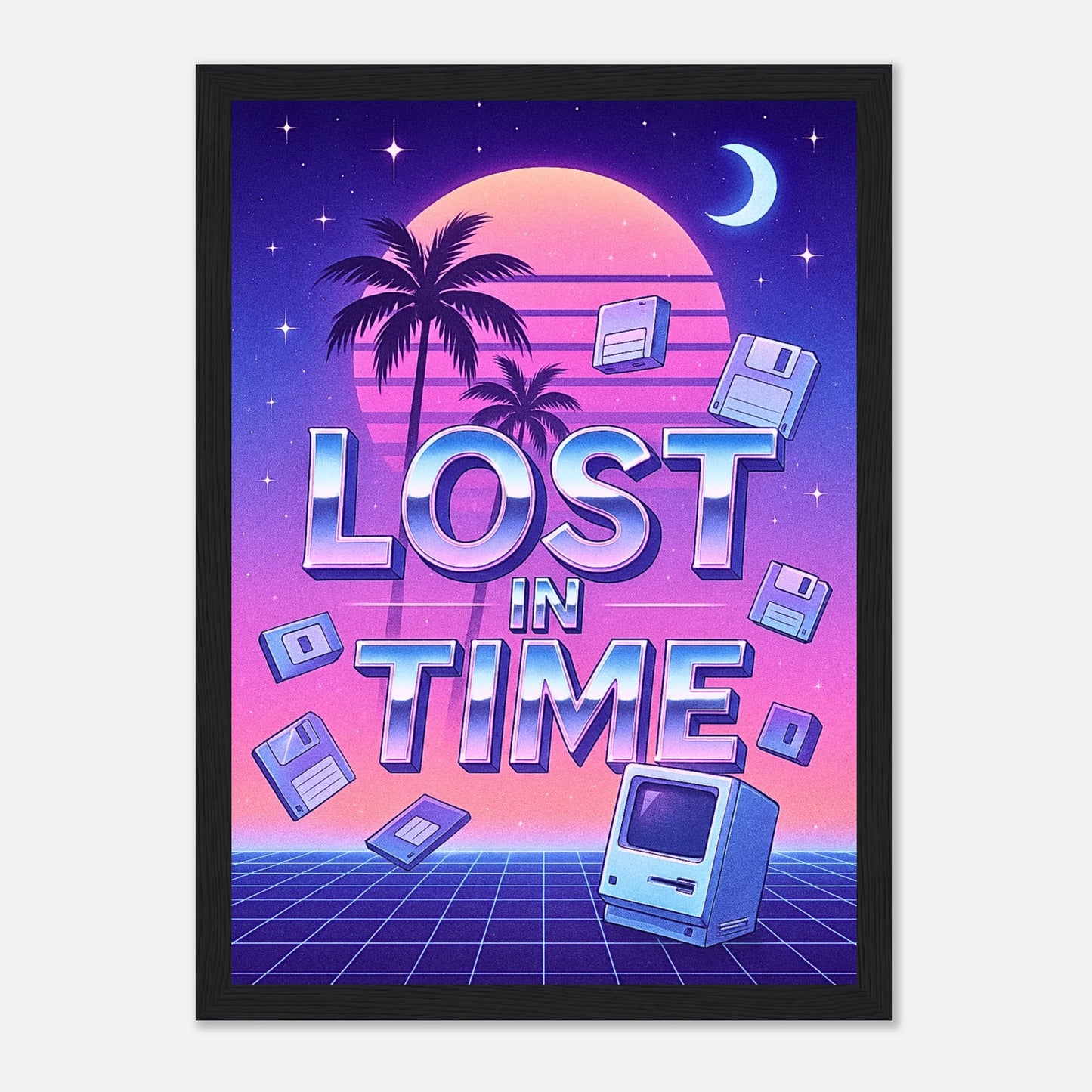 Lost in Time Poster im schwarzen Rahmen – auffällige Synthwave Wandkunst mit pink-blauem Sonnenuntergang, Palmen und Retro-Tech Design. Modernes Digital-Art-Poster von Defa Designs.