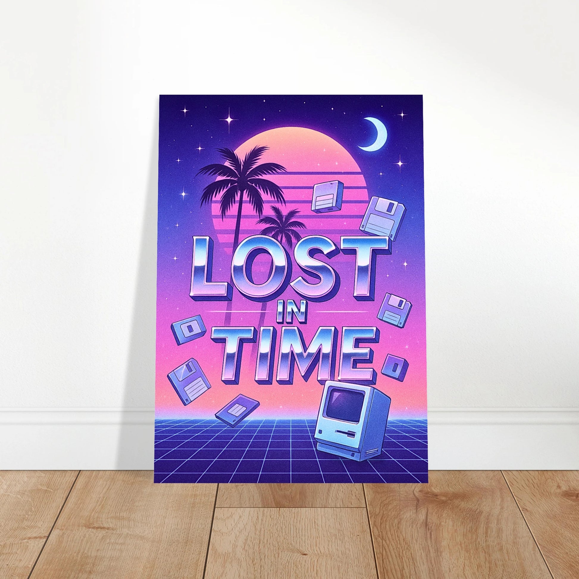 Lost in Time vaporwave poster leaning on floor – neon retro wall art with computer and palm trees
