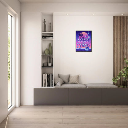 Lost in Time retro vaporwave wall art displayed in a bright modern room, black metal frame neon 80s poster decor
