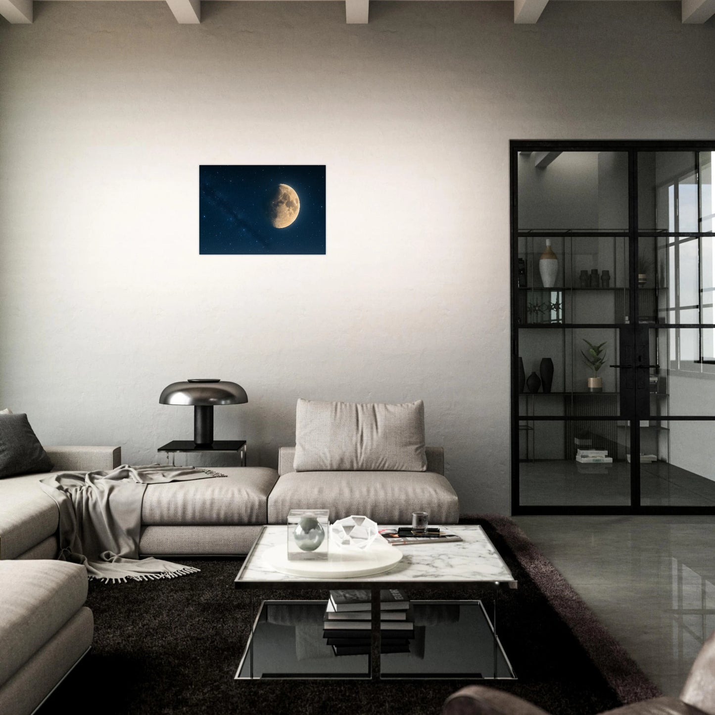 Poster „Lunar Silence – Under a Starlit Sky“ in A4, A3, A2 und A1 – Premium-Wandkunst mit Mond und Sternenhimmel.