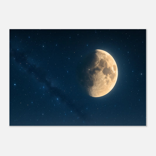 Premium Poster „Lunar Silence – Under a Starlit Sky“ mit realistischem Mond und funkelndem Sternenhimmel, hochwertige Wanddeko ohne Rahmen.