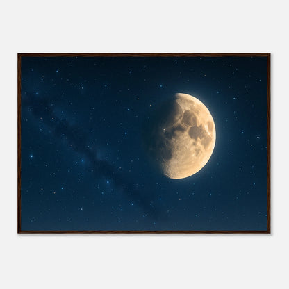 Lunar Silence Poster mit dunkelbraunem Holzrahmen – elegantes Mondmotiv für Wohnzimmer
