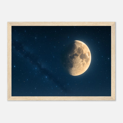 Lunar Silence Poster mit hellbraunem Holzrahmen – Mond unter Sternenhimmel als Wandbild