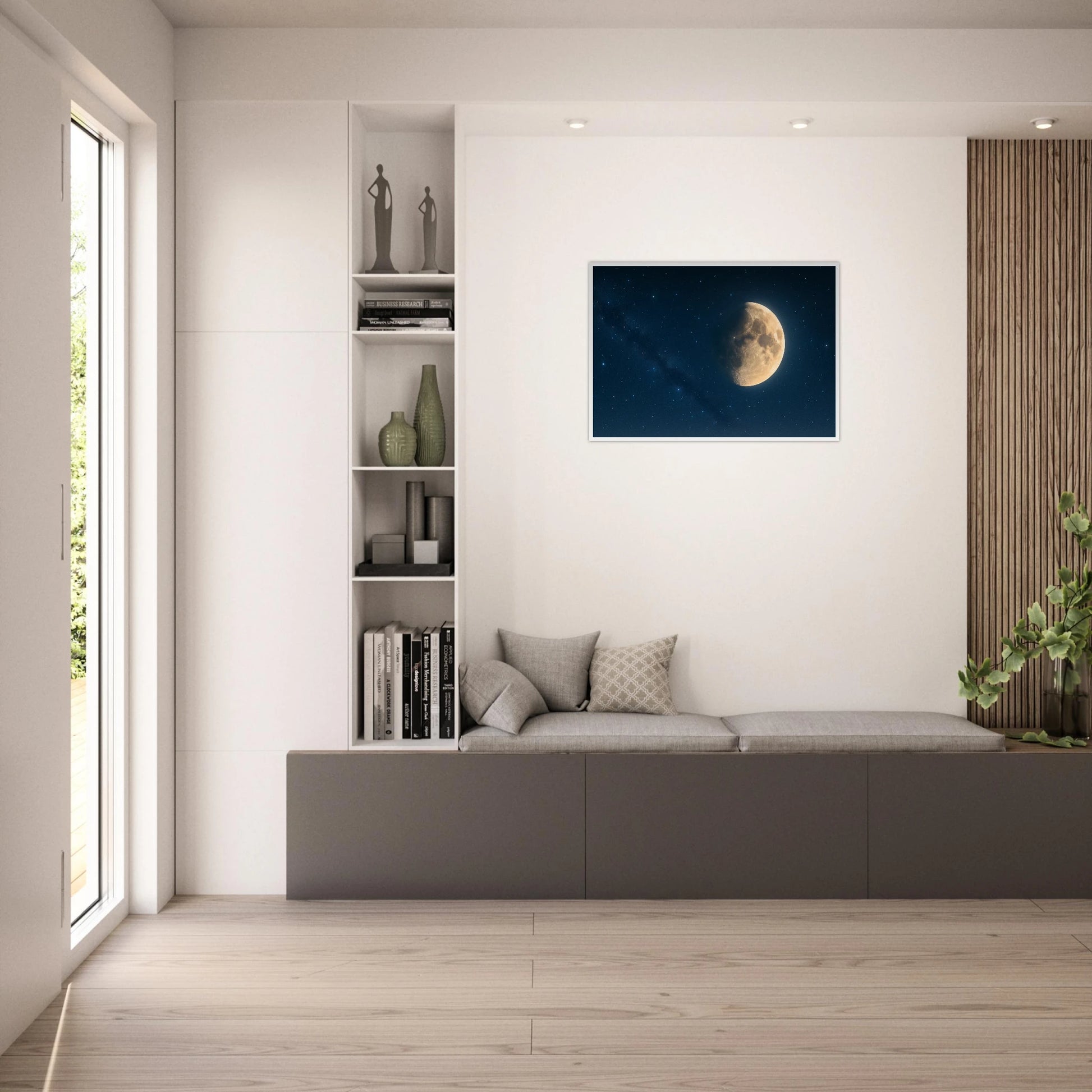 Lunar Silence Poster – Mond und Sternenhimmel aufgehängt an heller Wand, stilvolle Wandkunst