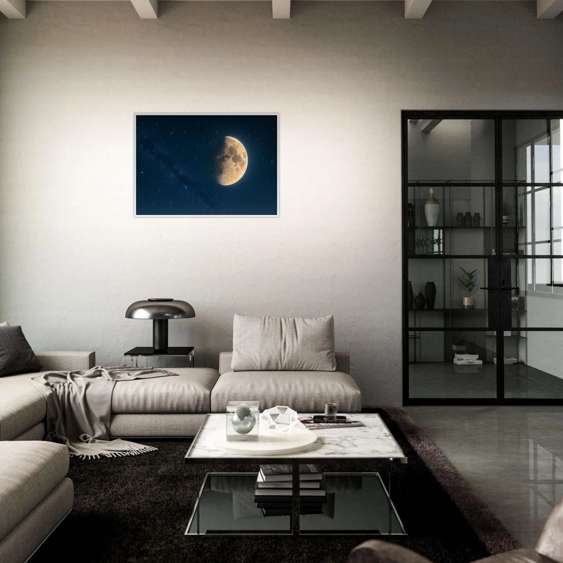 Lunar Silence Poster – Mondmotiv über Sofa im modernen Wohnzimmer, elegante Wanddekoration
