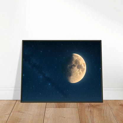 Lunar Silence Poster an die Wand gelehnt – stilvolle Nachthimmelkunst mit goldenem Mond und Sternen, modern präsentiert auf Holzuntergrund.
