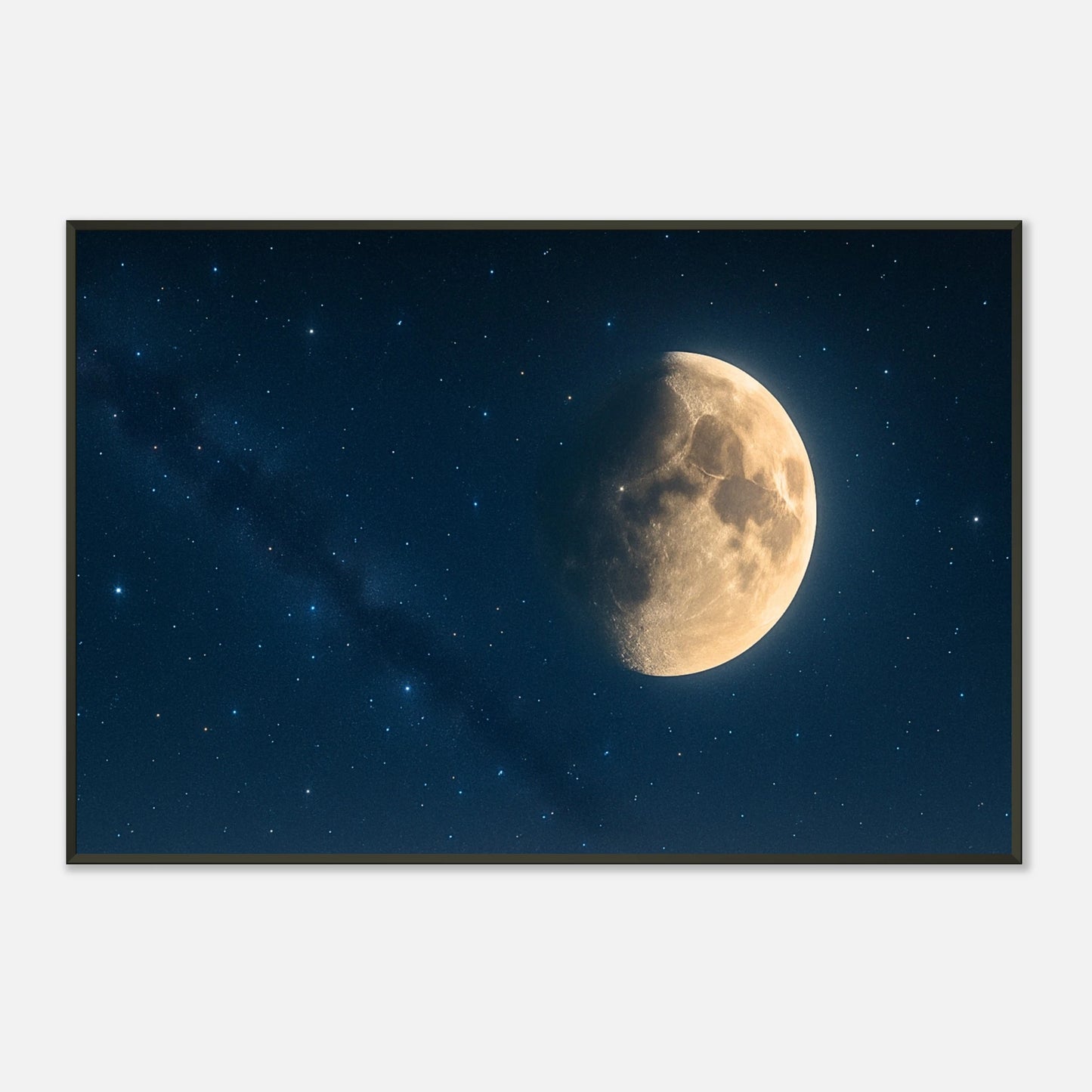 Detailansicht des Mondes auf dem Lunar Silence Poster – feine Texturen, sanfte Farbverläufe und realistische Sternenlichter in Premium-Druckqualität.