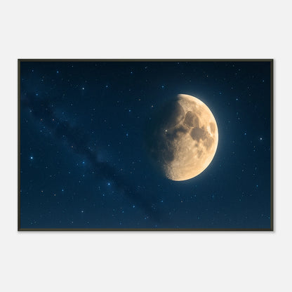 Detailansicht des Mondes auf dem Lunar Silence Poster – feine Texturen, sanfte Farbverläufe und realistische Sternenlichter in Premium-Druckqualität.