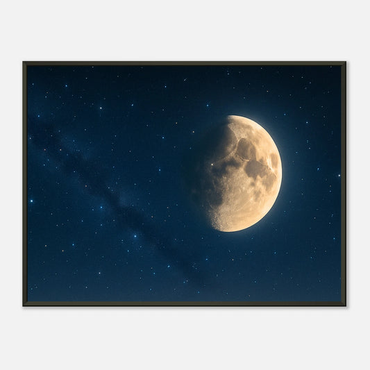 Lunar Silence – Under a Starlit Sky Poster im schwarzen Metallrahmen mit goldenem Halbmond vor dunklem Nachthimmel – ruhige, elegante Mondkunst von Defa Designs.