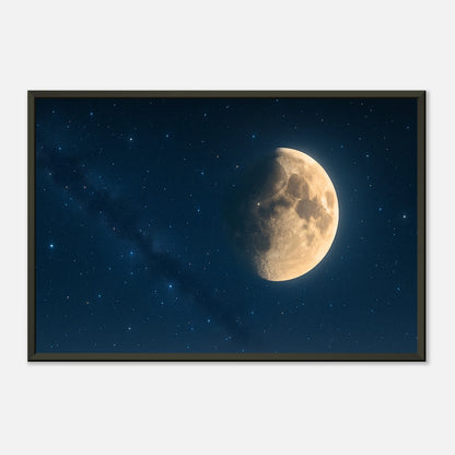 Seitliche Ansicht des Lunar Silence Posters – klarer Sternenhimmel mit goldgelbem Mond in elegantem schwarzen Metallrahmen.