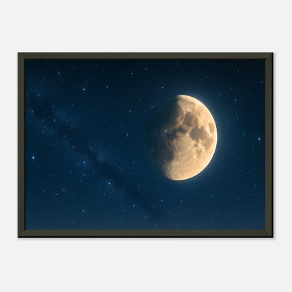 Mondposter Lunar Silence – sanfter Lichtreflex auf der Oberfläche, luxuriöses Finish mit mattem Papier und schwarzem Metallrahmen.