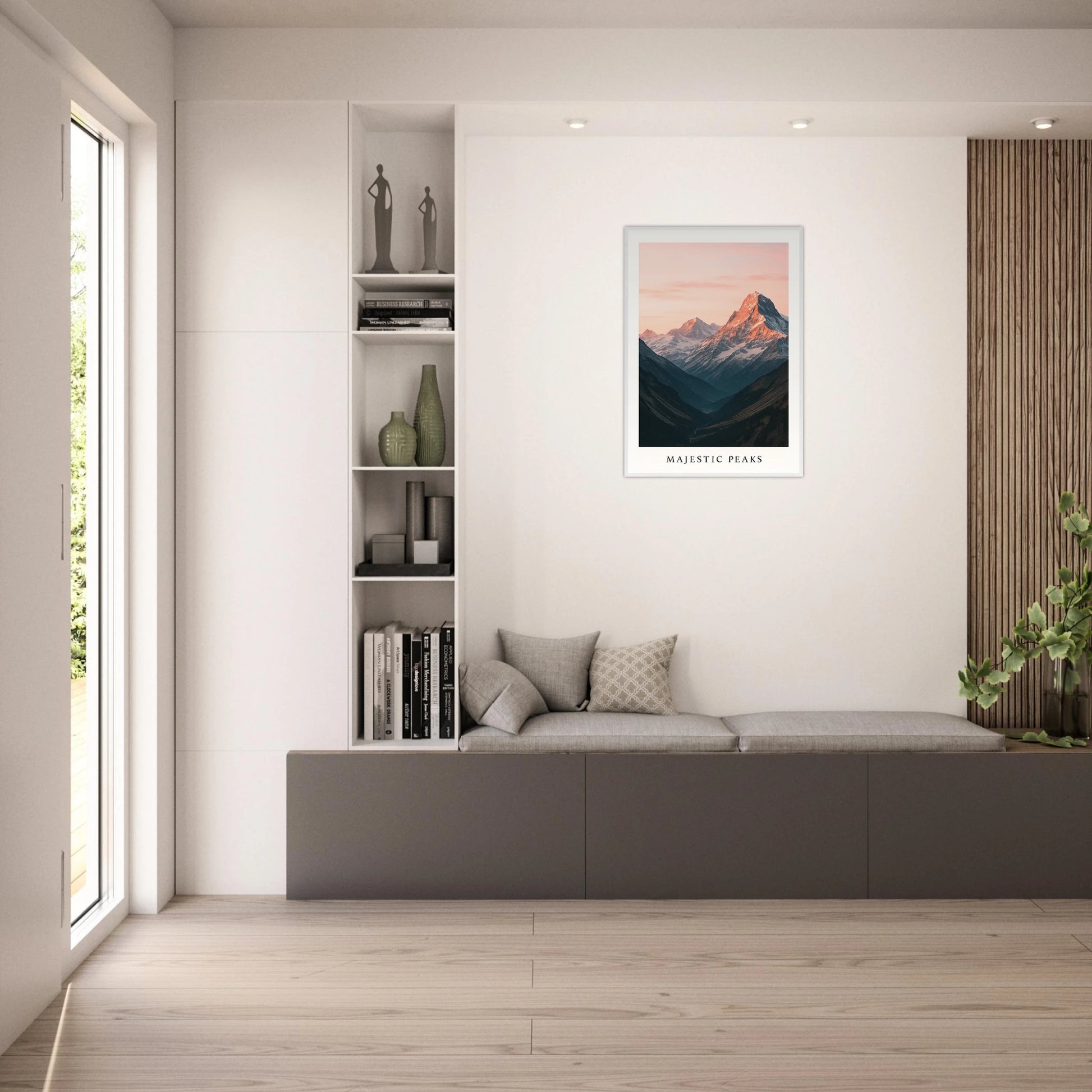 Majestic Peaks Poster Berglandschaft – Panorama Alpen bei Sonnenuntergang als stilvolle Wanddekoration im Wohnzimmer