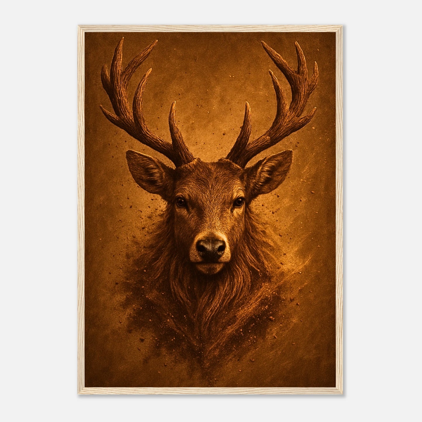 Majestic Silence Hirsch Poster mit hellbraunem Holzrahmen – modernes Natur Wandbild für Wohnzimmer und Büro.