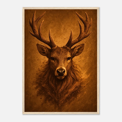 Majestic Silence Hirsch Poster mit hellbraunem Holzrahmen – modernes Natur Wandbild für Wohnzimmer und Büro.