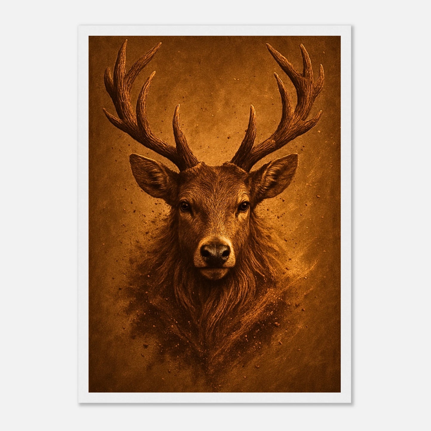 Majestic Silence Hirsch Poster mit weißem Holzrahmen – elegantes Wandbild Natur im minimalistischen Stil.