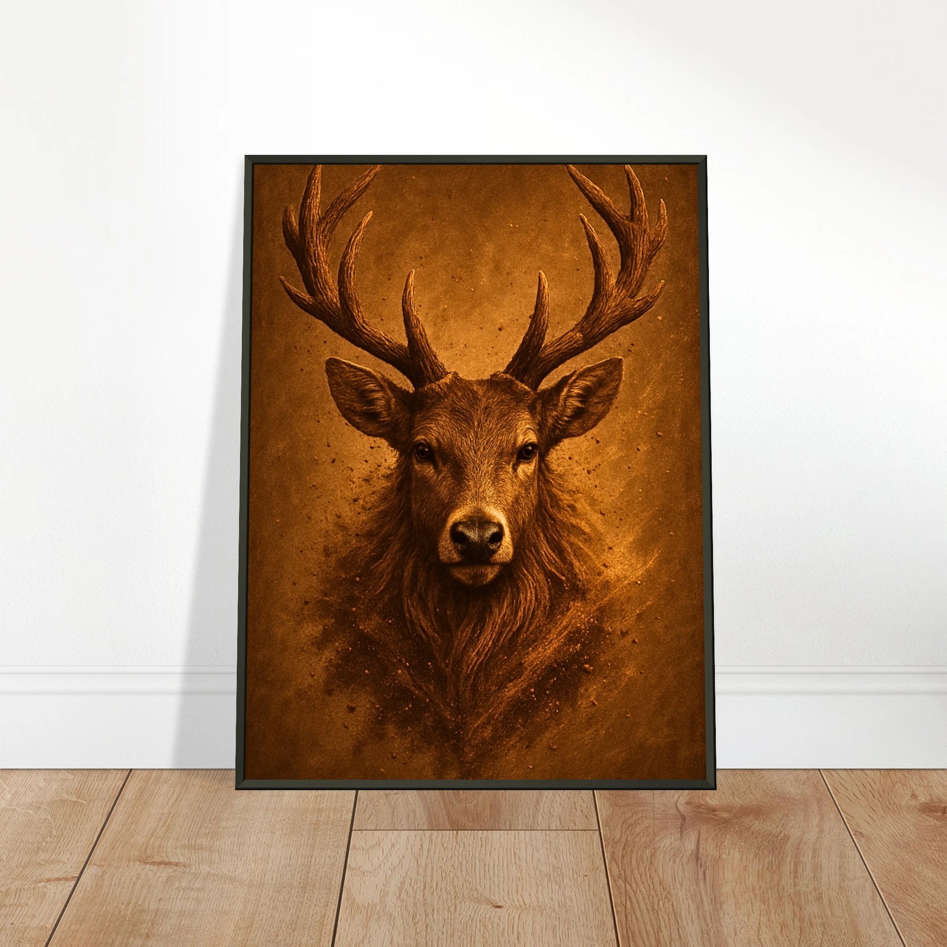 Majestic Silence Poster an die Wand gelehnt – elegantes Hirschmotiv mit naturverbundenem Stil, perfekt präsentiert auf Holzboden.