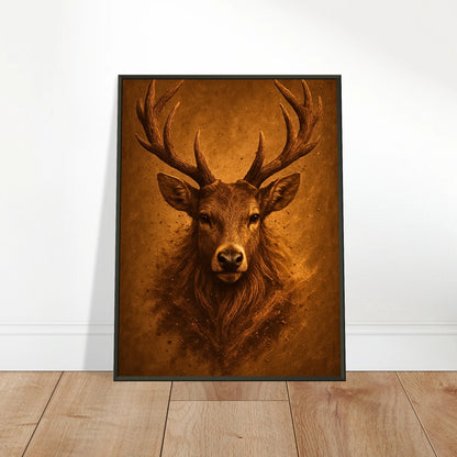 Majestic Silence Poster an die Wand gelehnt – elegantes Hirschmotiv mit naturverbundenem Stil, perfekt präsentiert auf Holzboden.