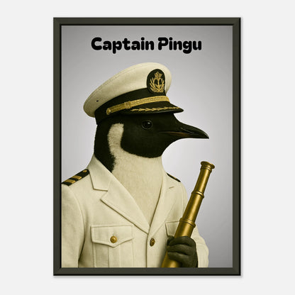 Maritimes Tierposter „Captain Pingu – Ice-Cold Command“ im schwarzen Metallrahmen, originelle Wandkunst mit Pinguin-Motiv | DEFA Designs