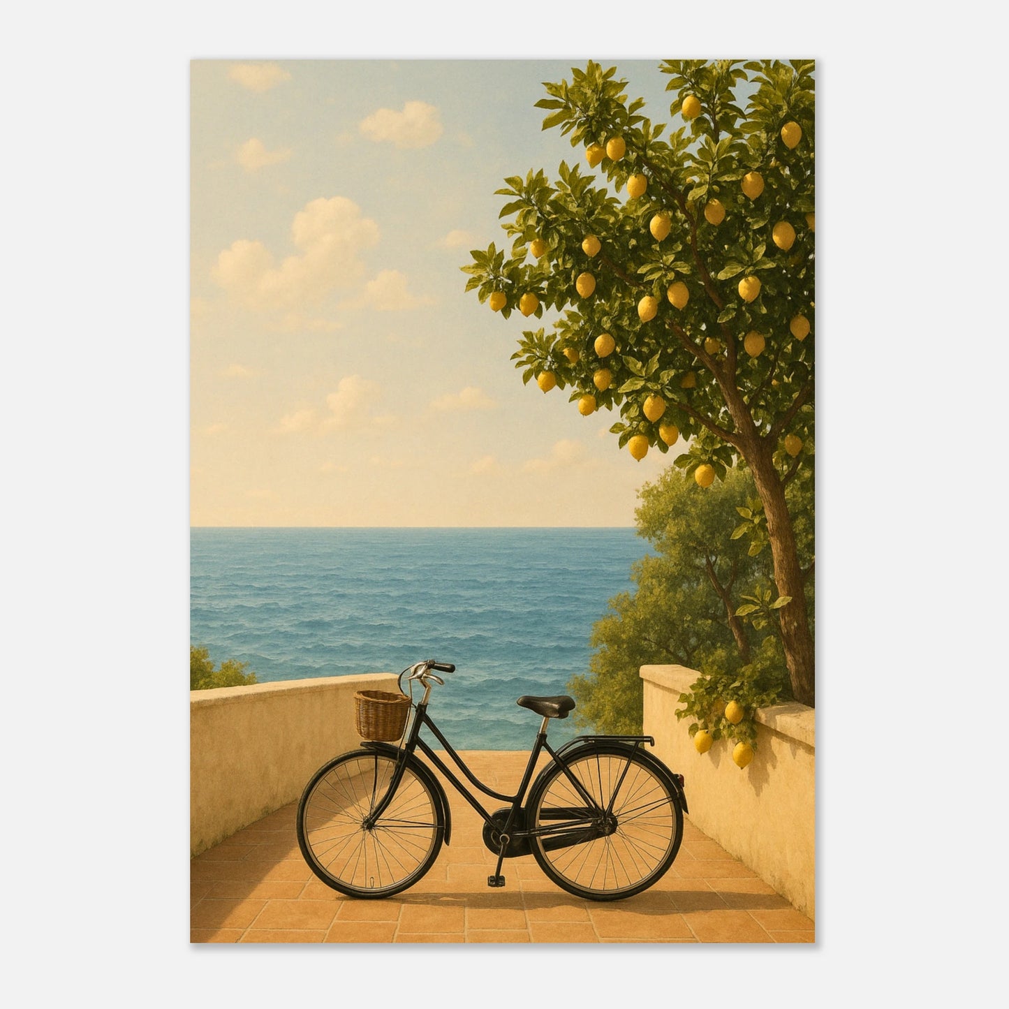3Mediterranean poster print – lemon tree and bicycle with sea view wall art
