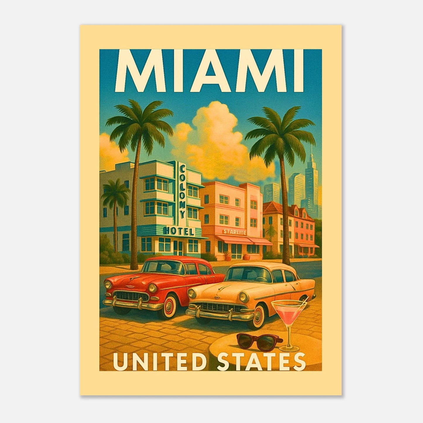 „Miami Poster – United States Vintage Art Deco Wandbild mit Palmen, Hotels und Oldtimer Auto“