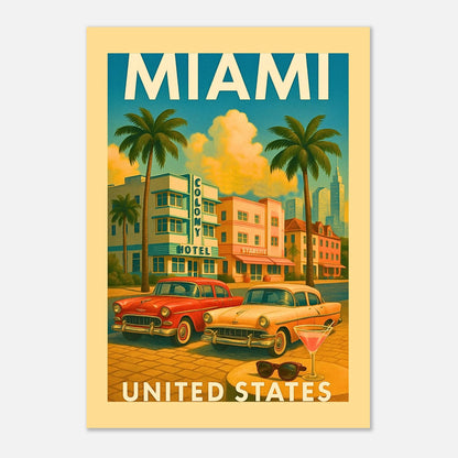 „Miami Poster – United States Vintage Art Deco Wandbild mit Palmen, Hotels und Oldtimer Auto“