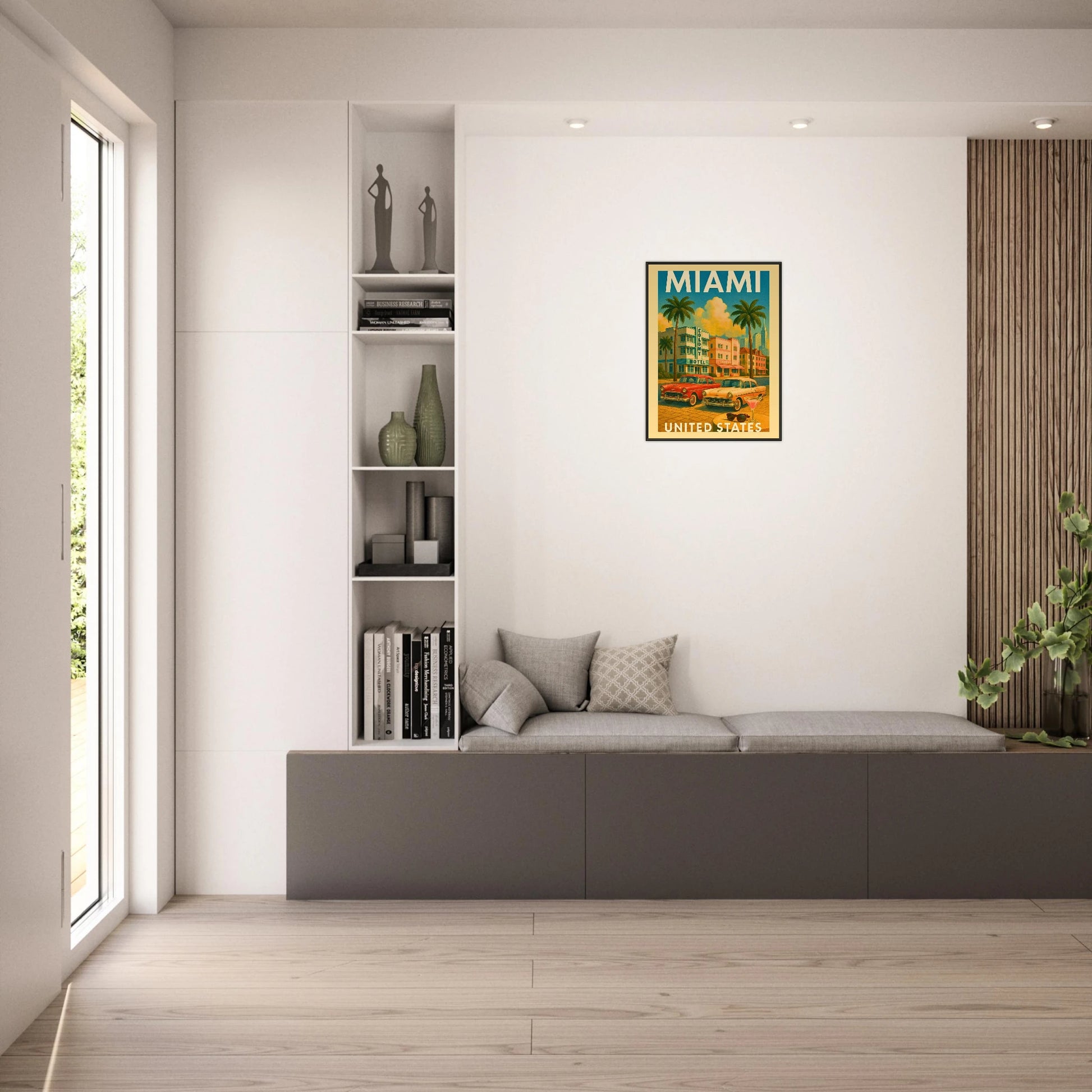 Miami statement wall art above sofa in living room, retro tropical city artwork in black metal frame