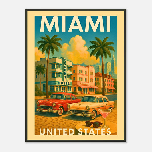 Miami United States vintage city wall art with black metal frame, pastel art deco buildings, palm trees and classic cars