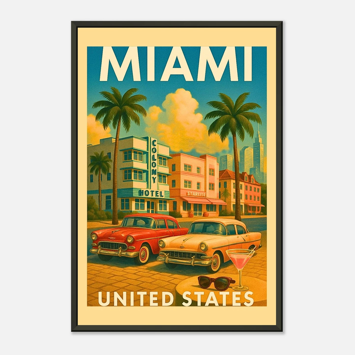 Miami USA wall art front view, retro travel poster with pastel hotels and palm-lined streets in black metal frame