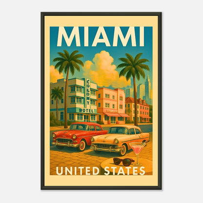 Miami USA wall art front view, retro travel poster with pastel hotels and palm-lined streets in black metal frame