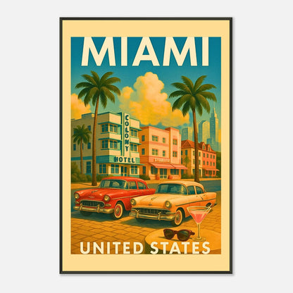 Miami vintage city poster wall art with black metal frame, colorful retro skyline and tropical palm streets