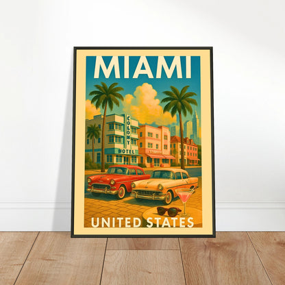 Miami wall art in bright modern living space, vintage USA city artwork in black metal frame