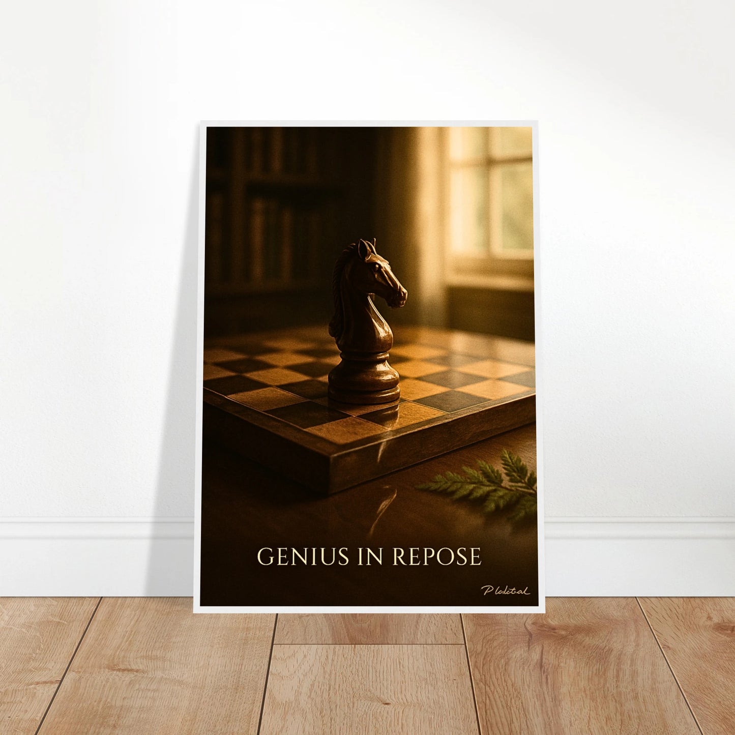 Mind Over Motion Poster an die Wand gelehnt – detailreiches Schachbrett-Design mit starkem Lichteffekt, ästhetisches Kunstwerk für minimalistische Interieurs – von Defa Designs.