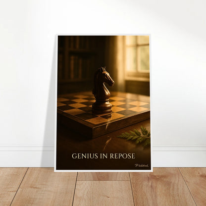 Mind Over Motion Poster an die Wand gelehnt – detailreiches Schachbrett-Design mit starkem Lichteffekt, ästhetisches Kunstwerk für minimalistische Interieurs – von Defa Designs.