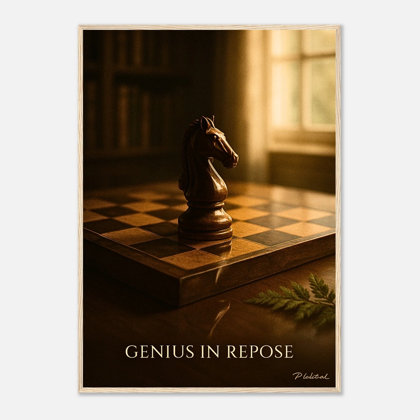 Mind Over Motion Poster im hellbraunen Holzrahmen – harmonisches Schachmotiv mit goldener Lichtstimmung, Wanddekoration für Denker und Strategen – von Defa Designs.