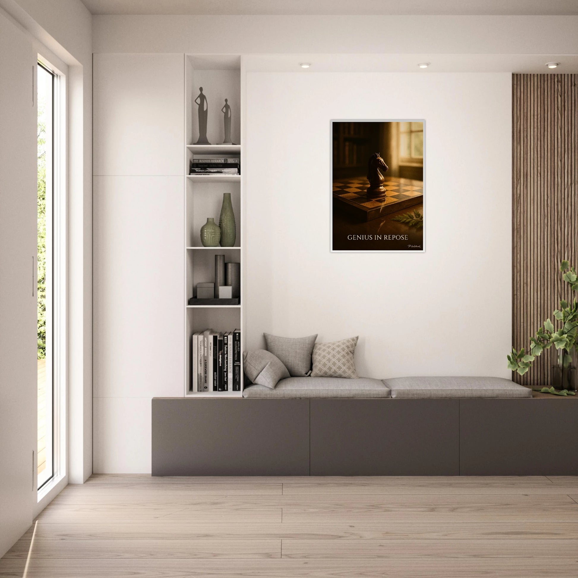 Mind Over Motion Poster im hellen Wohnzimmer – elegantes Schachmotiv mit warmer Atmosphäre, Wandbild für moderne Wohnräume und kreative Köpfe – von Defa Designs.