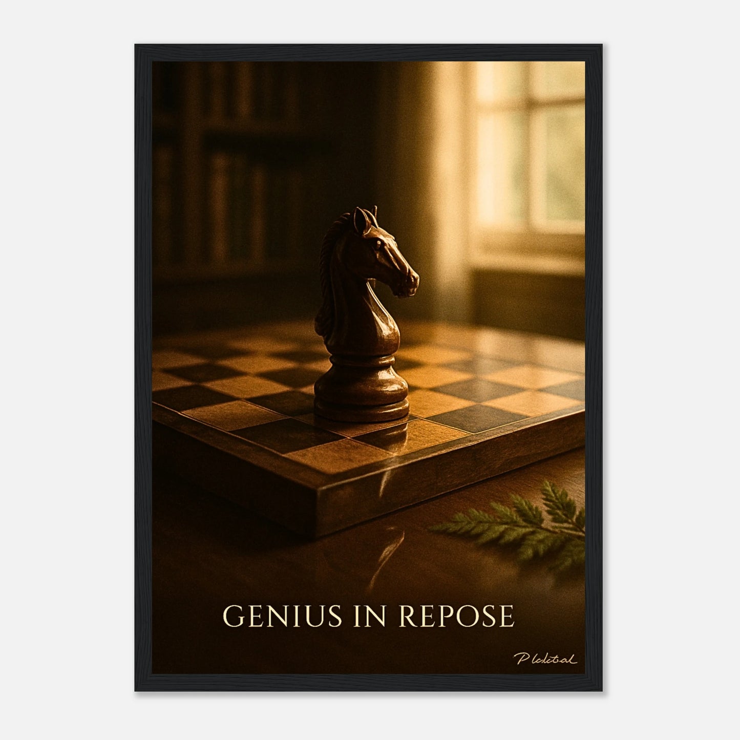 Mind Over Motion Poster im schwarzen Rahmen – stilvolles Schachkunstwerk in warmem Licht, ideal für moderne Räume mit Fokus auf Strategie und Klarheit – von Defa Designs.