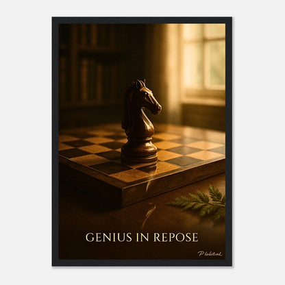 Mind Over Motion Poster im schwarzen Rahmen – stilvolles Schachkunstwerk in warmem Licht, ideal für moderne Räume mit Fokus auf Strategie und Klarheit – von Defa Designs.