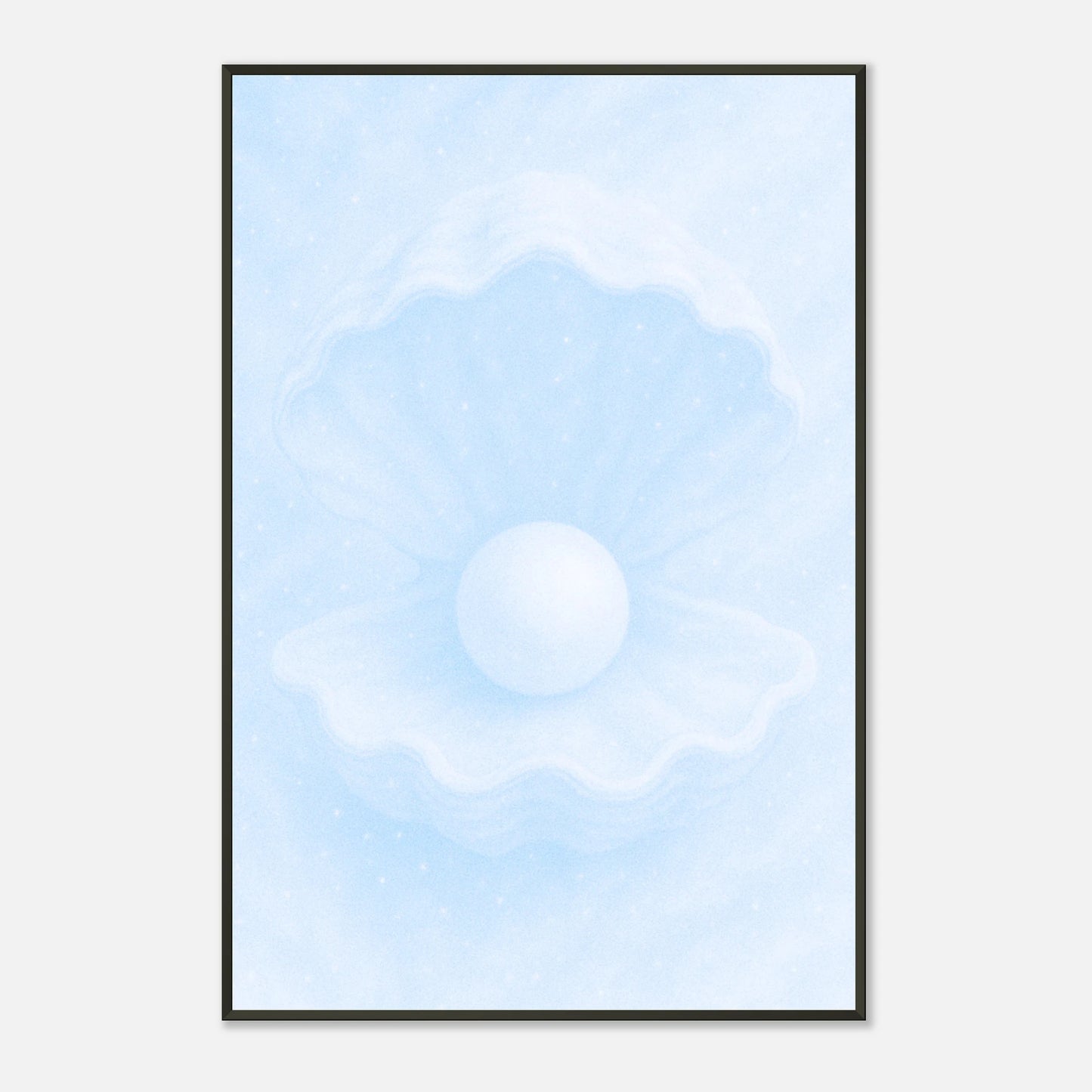 Minimalistisches Ocean’s Secret Poster – sanftes Perlenmotiv in hellblauem Meereston mit schwarzem Metallrahmen | DEFA Designs