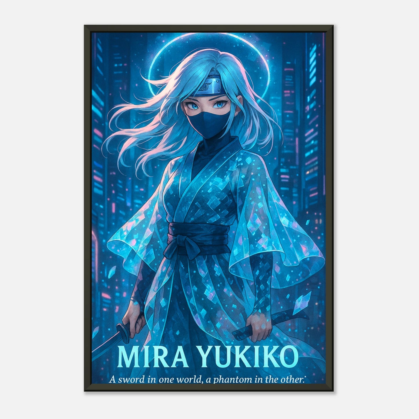 Anime Ninja Frau mit Klinge – Mira Yukiko Poster in Neon-Blau im schwarzen Metallrahmen – moderne Wanddeko für Gaming & Wohnzimmer