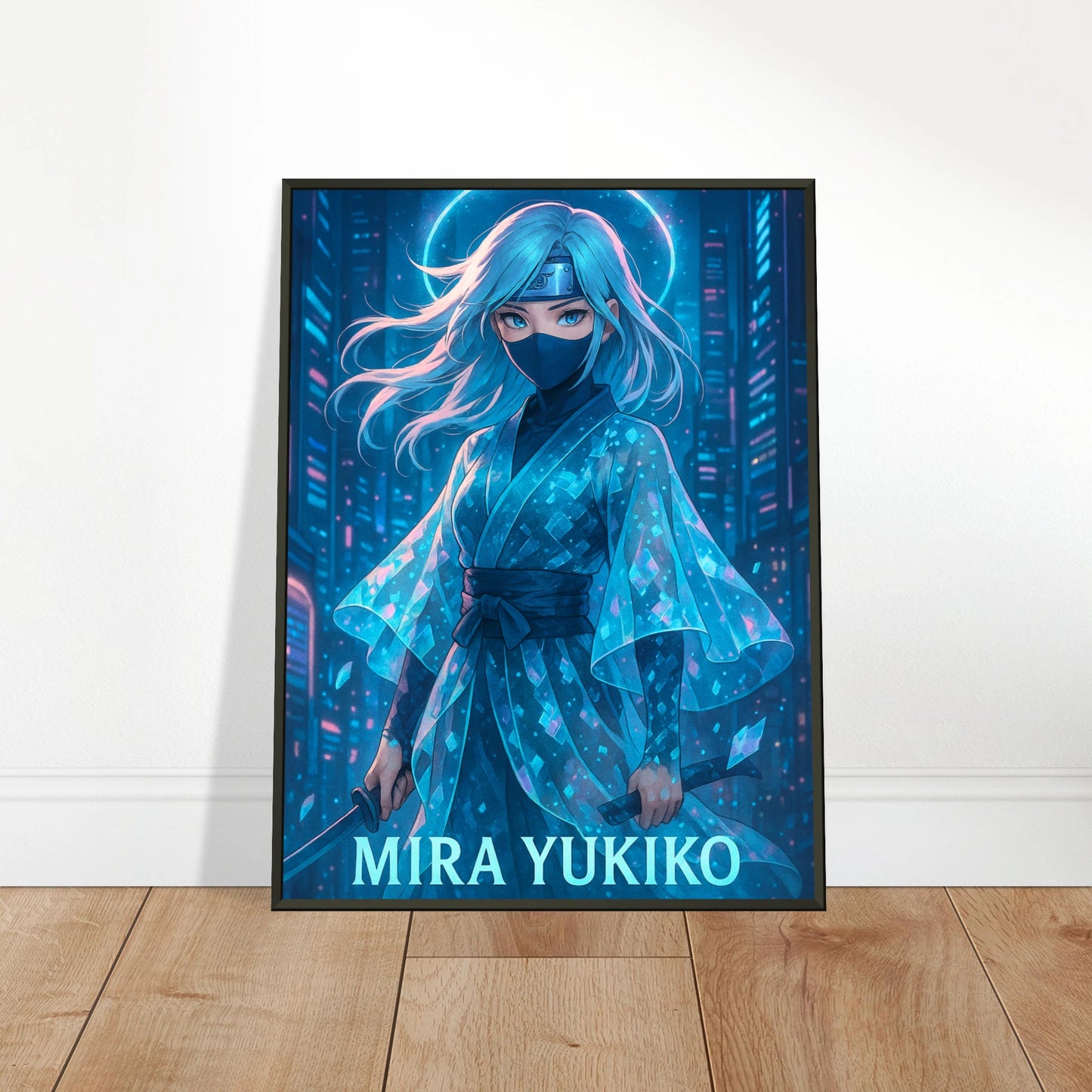 Mira Yukiko Poster in Wohnzimmer – Cyber Ninja Anime Kunst in blau im schwarzen Metallrahmen – moderne stilvolle Wandgestaltung