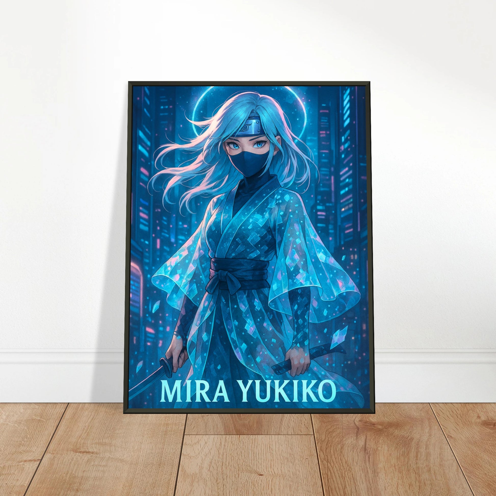 Mira Yukiko Poster in Wohnzimmer – Cyber Ninja Anime Kunst in blau im schwarzen Metallrahmen – moderne stilvolle Wandgestaltung
