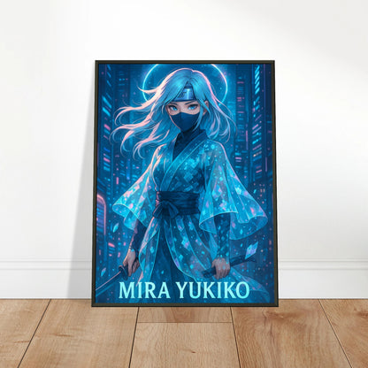 Mira Yukiko Poster in Wohnzimmer – Cyber Ninja Anime Kunst in blau im schwarzen Metallrahmen – moderne stilvolle Wandgestaltung