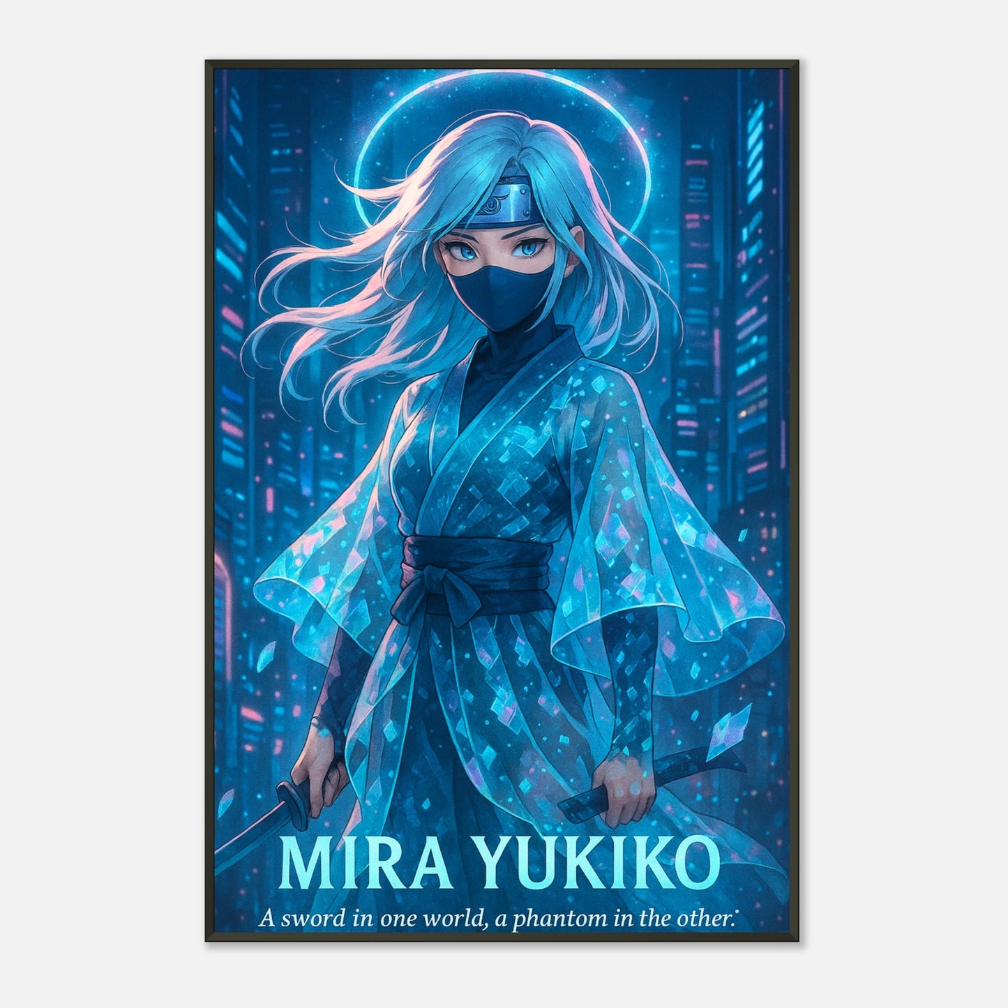 Mira Yukiko Samurai Poster blau – Anime Kriegerin mit Cyber-Energie im schwarzen Metallrahmen – stilvolle Wanddeko