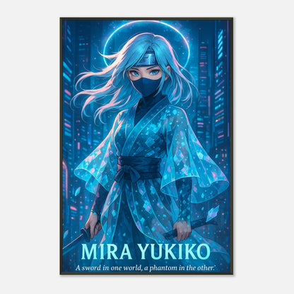 Mira Yukiko Samurai Poster blau – Anime Kriegerin mit Cyber-Energie im schwarzen Metallrahmen – stilvolle Wanddeko