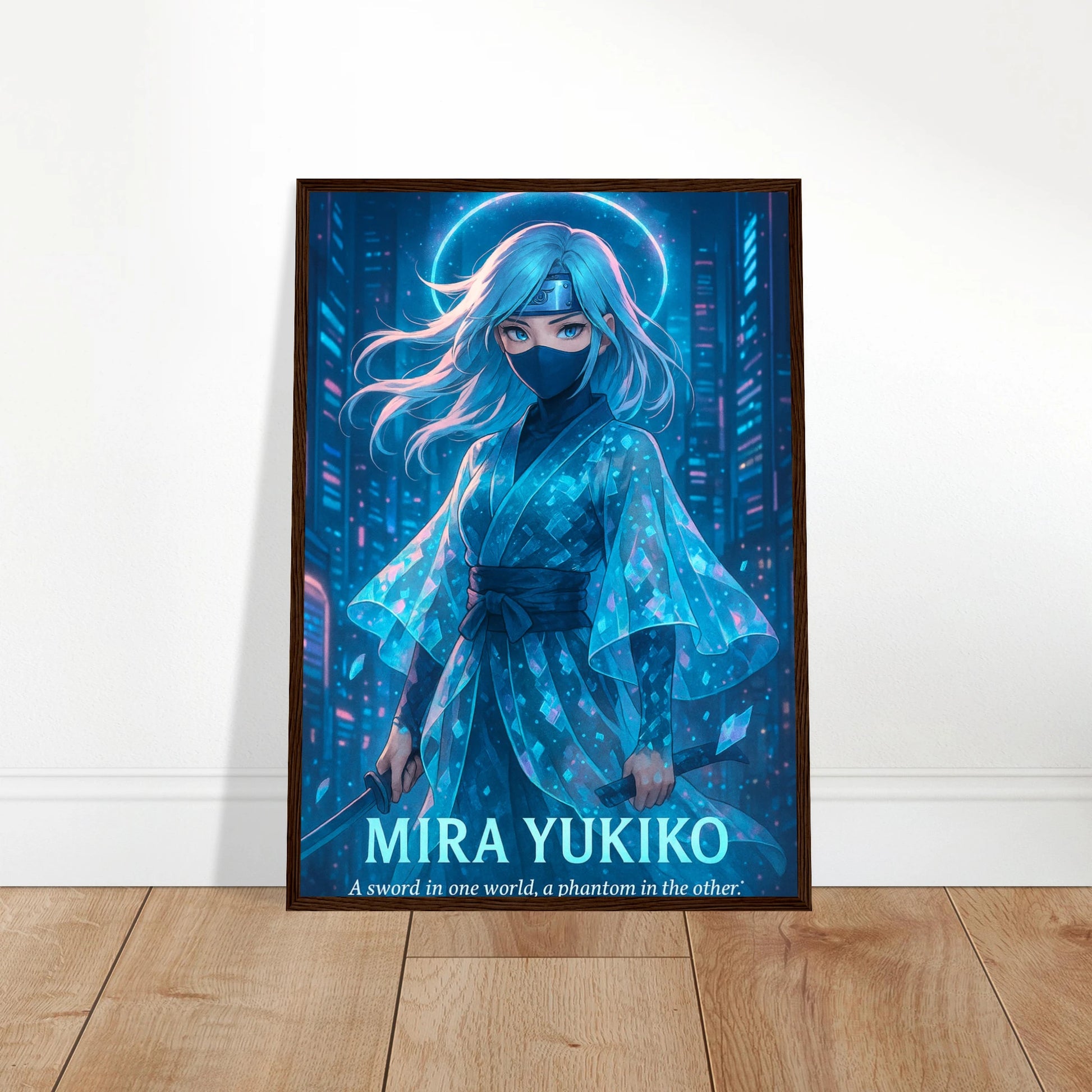 MIRA YUKIKO Poster an die Wand gelehnt – Anime-Kunst in Blau, mystische Kriegerin mit leuchtendem Schwert, moderne Wanddekoration. Defa Designs.