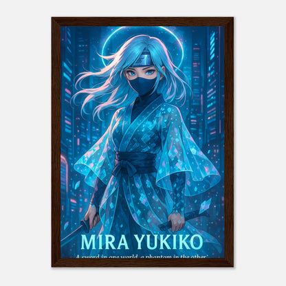 MIRA YUKIKO Poster im dunkelbraunen Rahmen – geheimnisvolle Anime-Figur in blauem Schein, Symbol für Licht, Ruhe und Stärke. Japanische Kunst von Defa Designs.